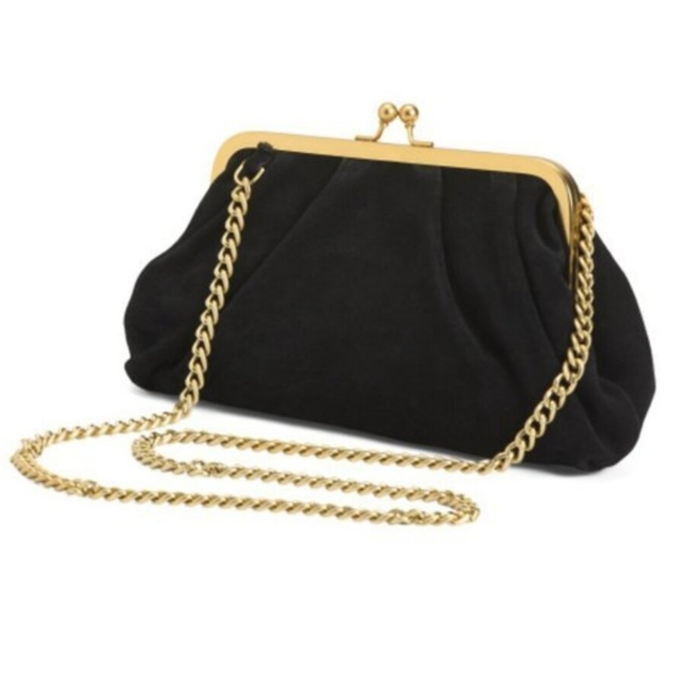 Margot Small Black Suede Bag with brushed gold tone chain Kiss closure
